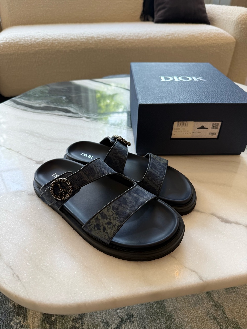 Dior Men’s Black Monogram Two-Strap Slide Sandals with Embellished Buckle